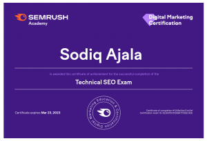 SemRush Academy Tech SEO certificate
